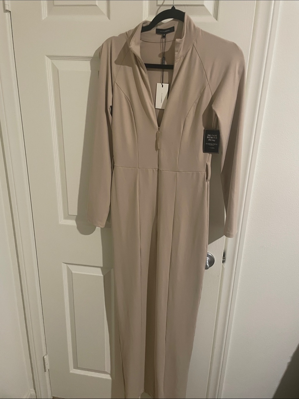 JLUXLABEL Long Sleeve Zip-Front Beige Jumpsuit
